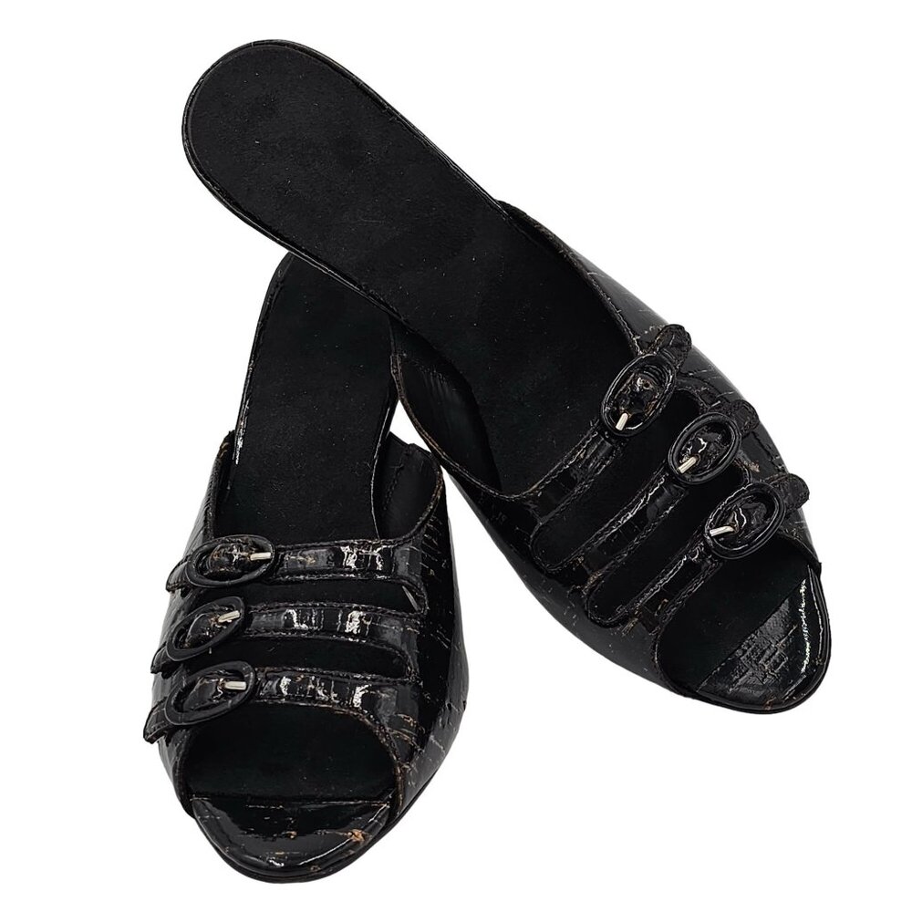Donald Pliner Italy Womens 9.5 Black Patent Cork Open-toe Slide Dress Shoe Heels - Picture 12 of 15